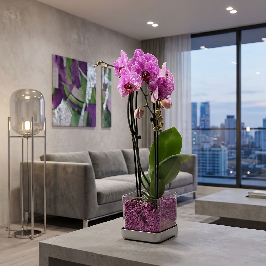 Violette Phalaenopsis im Colomi Care Orchideentopf mit violettem Granulat